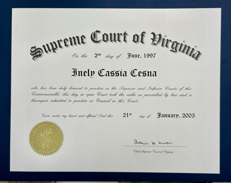 CERTIFICATE FROM THE SUPREME COURT OF VIRGINIA
